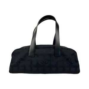 Chanel Black Travel Line Boston Satchel Bag CC Logo Nylon Leather Handles